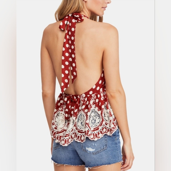 Free People Lunch Date Rust Polka Dot Adjustable Boho Halter Top, Babydoll M EUC - Picture 5 of 15